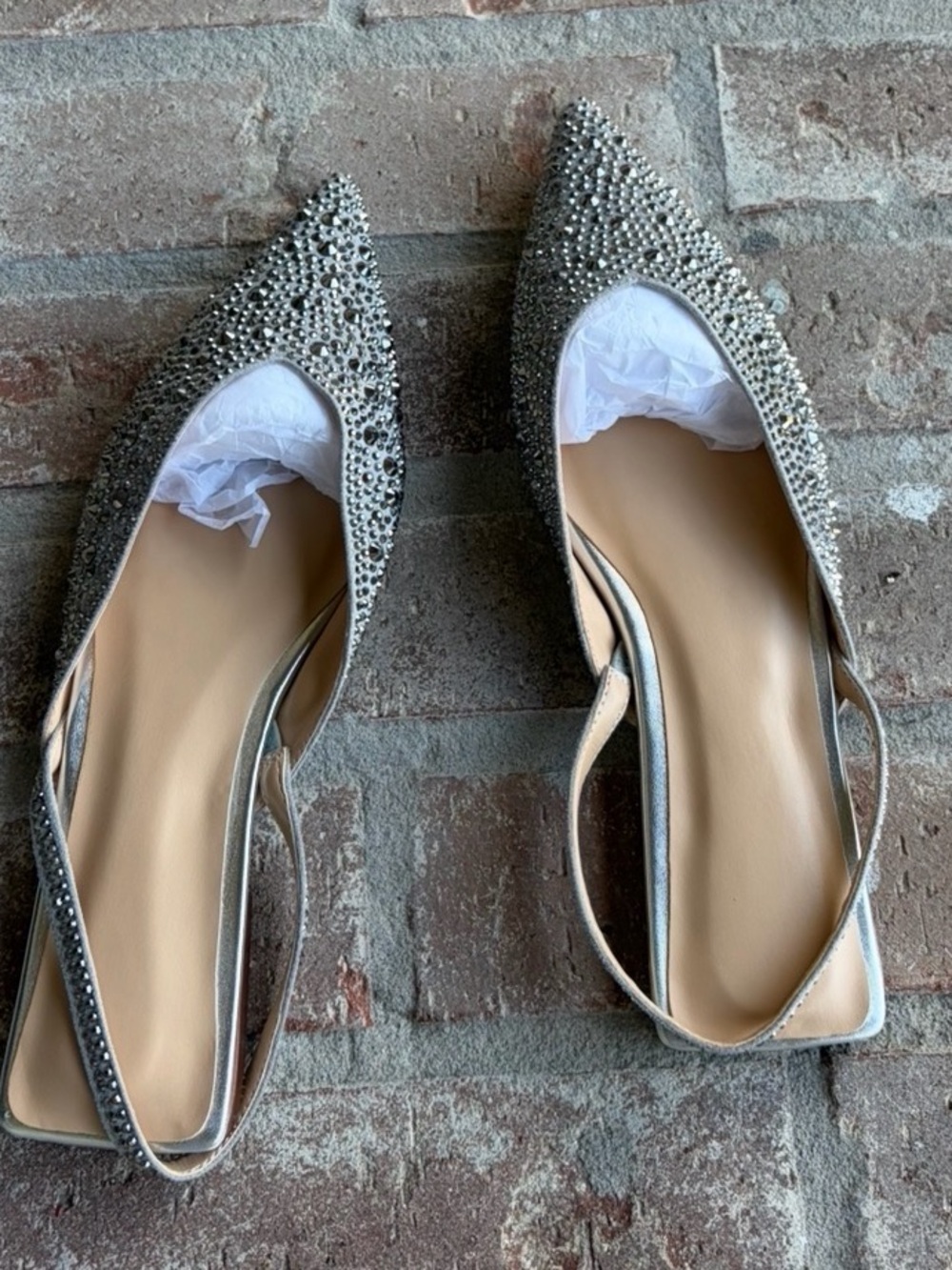 Crystal-Embellished Silver Pointed-Toe Slingback Flats